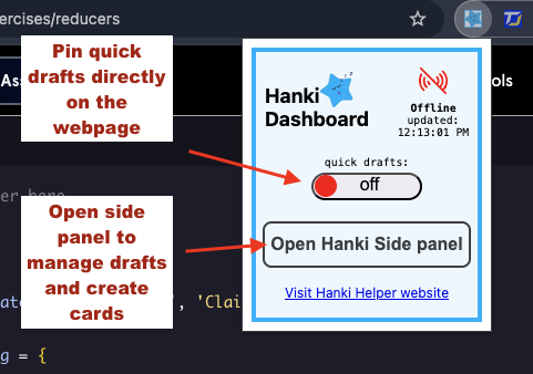 image that displays popup interface. There is a toggle that pins quick drafts and a button that opens the extension sidepanel