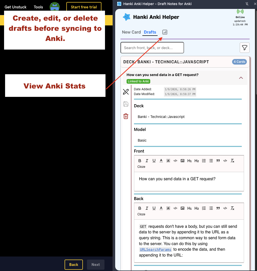  image showing Hanki user interface. Displays draft interface